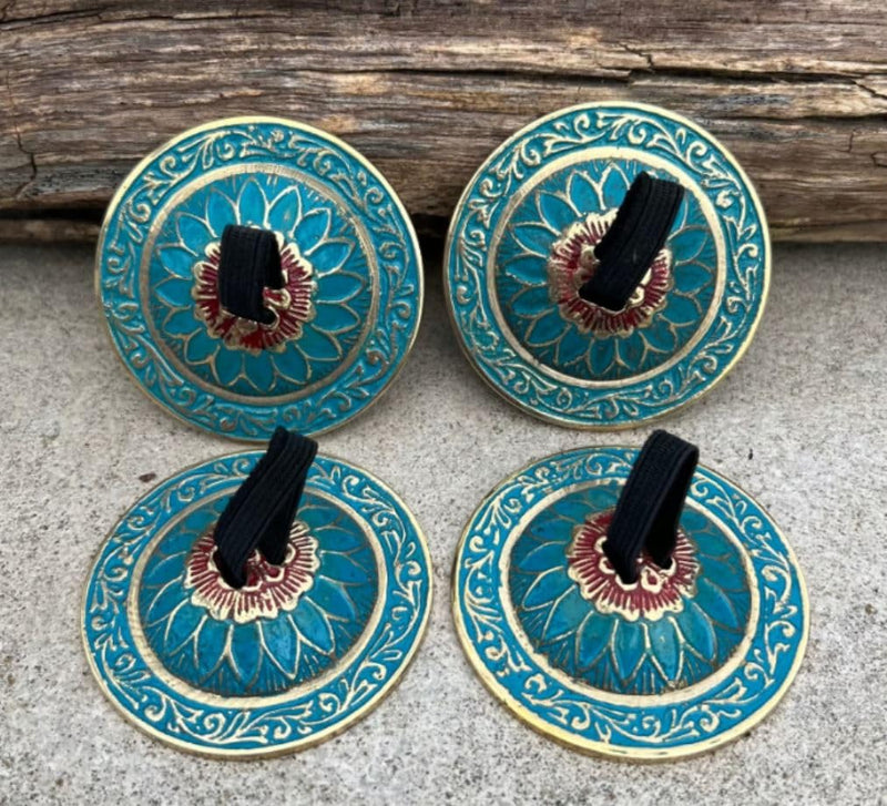 [AUSTRALIA] - 2 Pairs Brass Floral Finger Cymbals Zills for Belly Dancing (Turquoise) Turquoise 