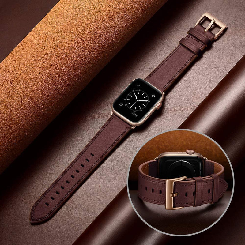 OUHENG Compatible with Apple Watch Band Genuine Leather Replacement Strap 41mm 40mm 38mm Black & Wine Red
