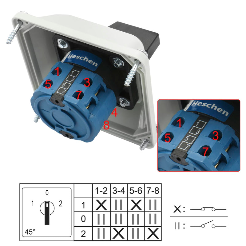 [AUSTRALIA] - Universal Rotary Cam Selector Changeover Switch, SZW26-20/D202.2D, 660V 20A, ON-Off-ON, 3 Position 2 Phase 8 Terminals, with Master Switch Exterior Box (Bigger Box) Bigger Box 