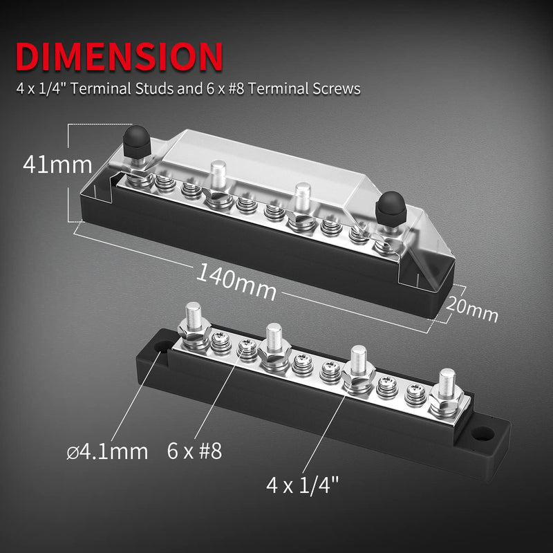 DaierTek Power Distribution Block 4 x M6 Terminal Studs, 6 x M4 Terminal Screws Battery Bus Bar for Car Marine Boat (Pair - Positive & Negative) 4xM6
