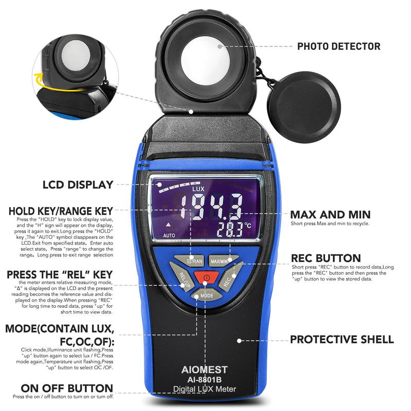 AIOMEST Digital Lux Meter, Illuminance Light Tester Measures 0.1~400,000 Lux/FC, Foot Candles Lumens Detector with Data Storage 270° Rotatable Head for Plants Office LED Luminosity, AI-8801B