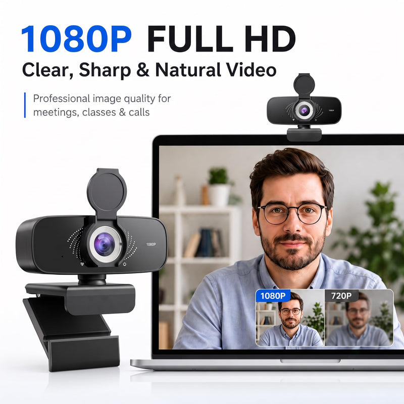 1080P Webcam with Microphone, Privacy Cover & USB-C Adapter | 105° FOV, Fixed Focus, Auto Light Correction, Plug & Play USB-A Camera with Tripod for Zoom, Teams, FaceTime and YouTube 1080p