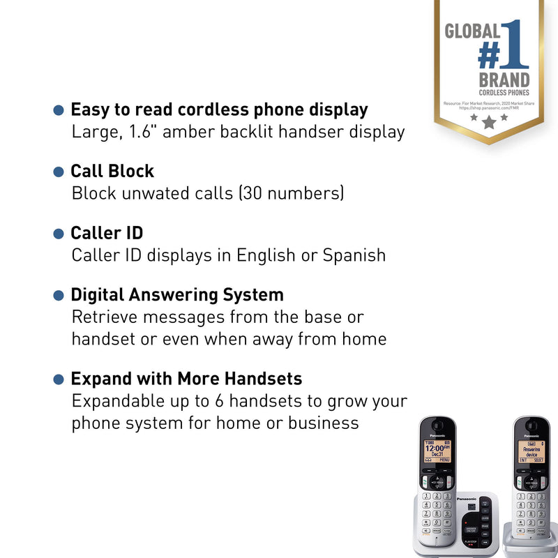 Panasonic DECT 6.0 Expandable Cordless Phone with Answering Machine and Call Block and Caller ID - 2 Cordless Handsets - KX-TGC222S (Silver) Two Handsets