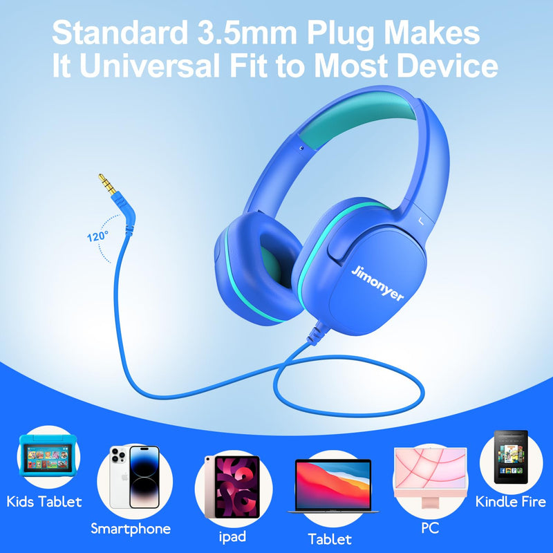 [AUSTRALIA] - Kids Headphones for School, 3.5mm Jack Wired Headphones for Kids with Safe Volume Limiter, HD Stereo Sound On-Ear Girls Boys Toddler Headphones for Tablet, iPad, Kindle(Blue) Blue 