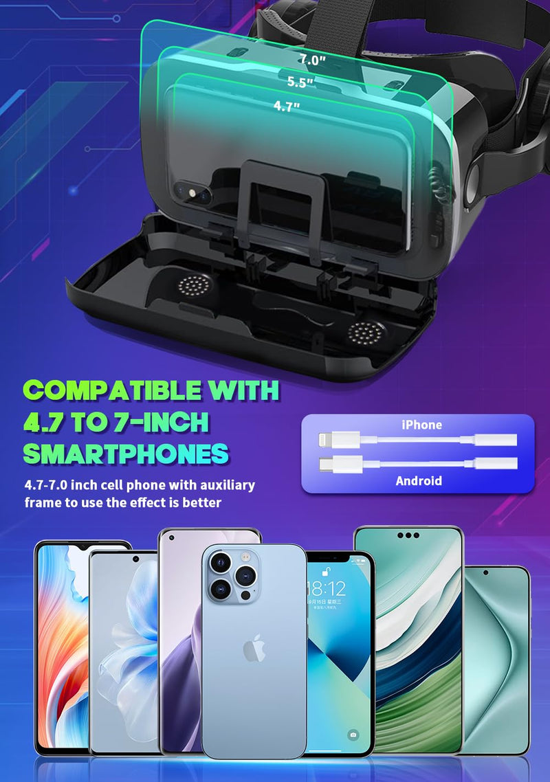Smartphone VR Headset with Built‑in Headphones, Immersive 3D for 4.7-7.2" iPhone/Android, HD Aspheric Lenses, Adjustable Focus & Pupil Distance, Advanced Heat Dissipation for Comfort