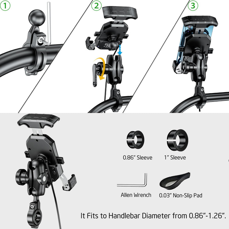 iMESTOU Anti-Theft Motorcycle Wireless Phone Mount Charger 15W & USB C 3A Handlebar 1" Ball Phone Holder Works with 12V/24V Vehicle/USB A Socket 720 Rotation Quick Charge for 4.0-7.0" Cellphones Double Socket Arm-Wireless & USB C Charge