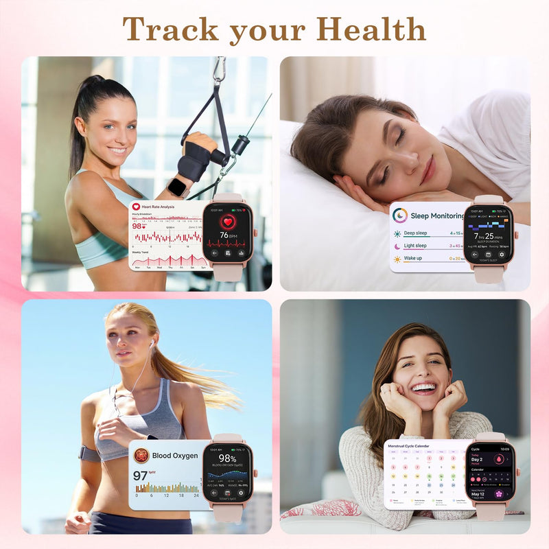 Pink Smart Watch for Women Android & iPhone, 1.83" HD Touchscreen, 24/7 Heart Rate, Sleep & Fitness Tracker, Answer/Make Calls/100+ Sports Modes/Message Reminder, IP68 Waterproof, Pedometer, 2 Bands Pink