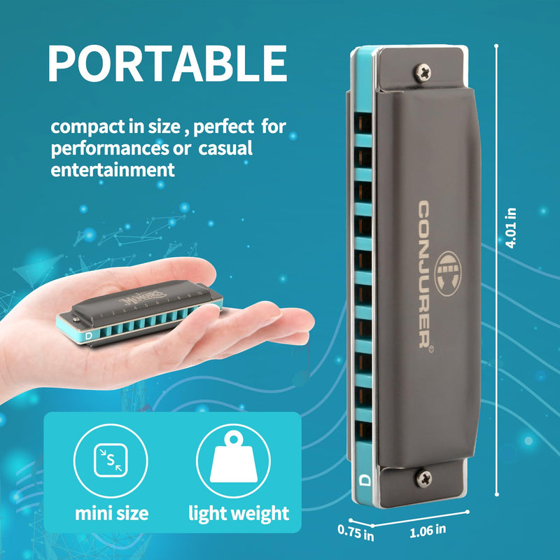 CONJURER Harmonica for Adults 10 Hole Diatonic Deluxe D Key Harmonica for Beginners Professionals Phosphor Bronze Reeds Brass Mouth Organ with Case GRAY BLUE-D