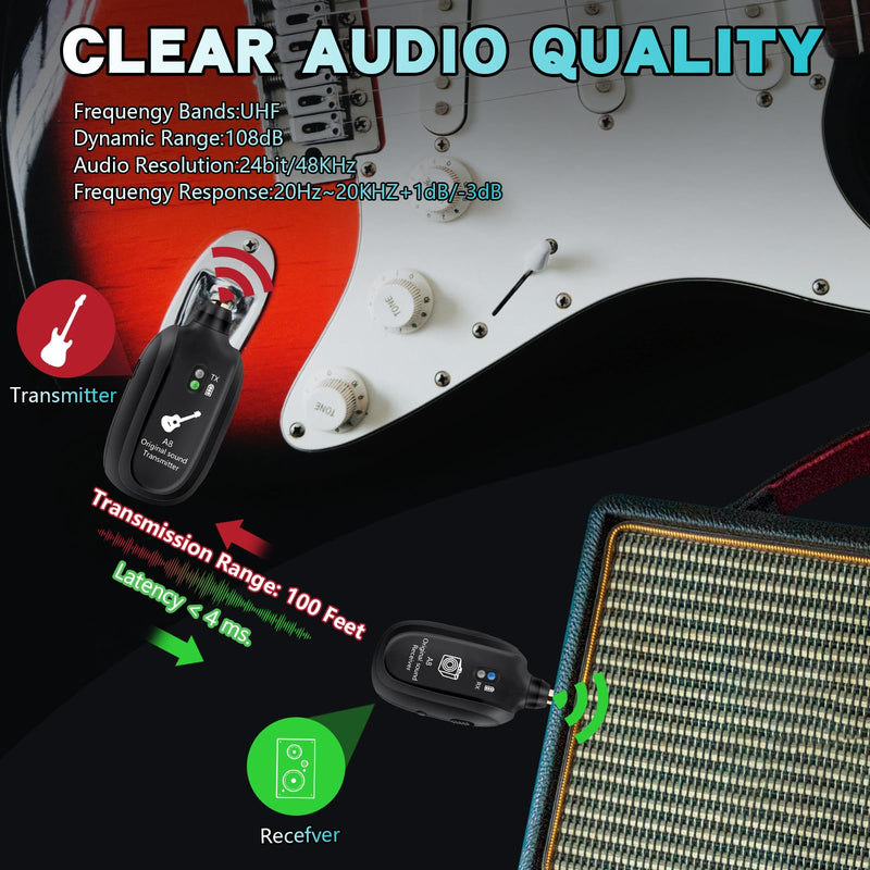 A8 Wireless Guitar Transmitter Receiver System - 2.4GHz Rechargeable, 24-bit/48KHz Audio, Low Latency <4ms for Electric Guitar & Bass - Clean Wireless Audio for MUSIC and BASS GUITARS 2(2TX+1RX) A8 Wireless Guitar System (2TX+1RX)