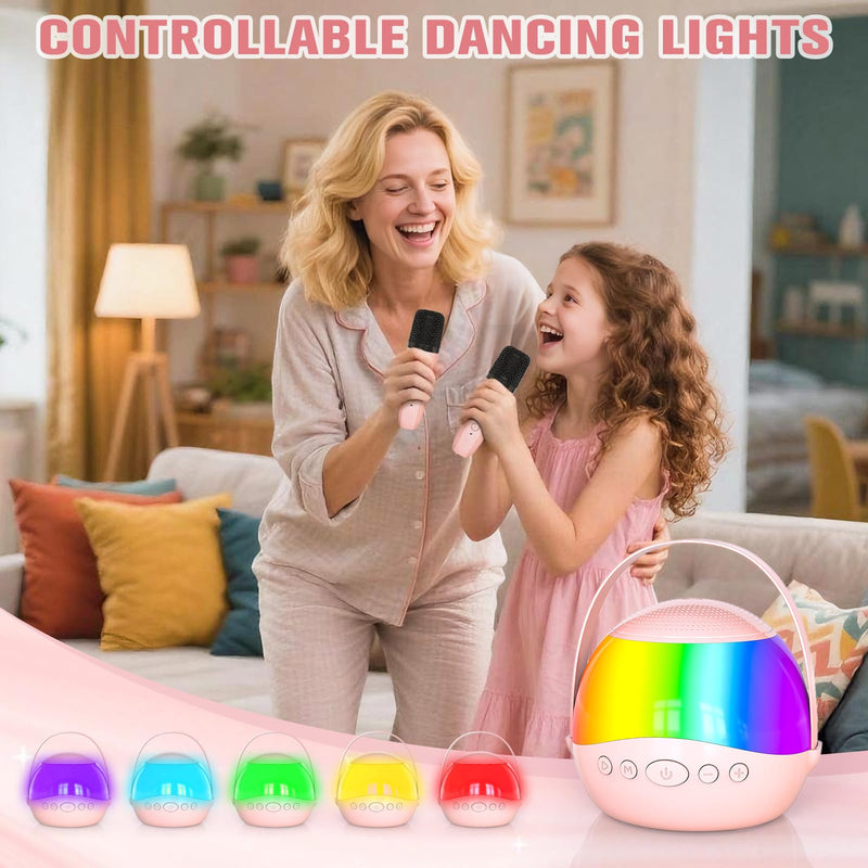 2025 New Mini Karaoke Machine Speaker for Kids Adults,Portable Bluetooth Speaker with 2 Wireless Mics,Colorful LED Lights, Home Travel & Party Play Gifts for Boys Girls (Pink) Pink