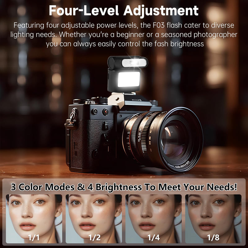 Mini Camera Flash Speedlite with Video Light, GN8 6500K Adjustable External Flash, Universal Single Contact Hot Shoe Mount, Compatible with Canon/Nikon/Sony/Fuji/DSLR Black A