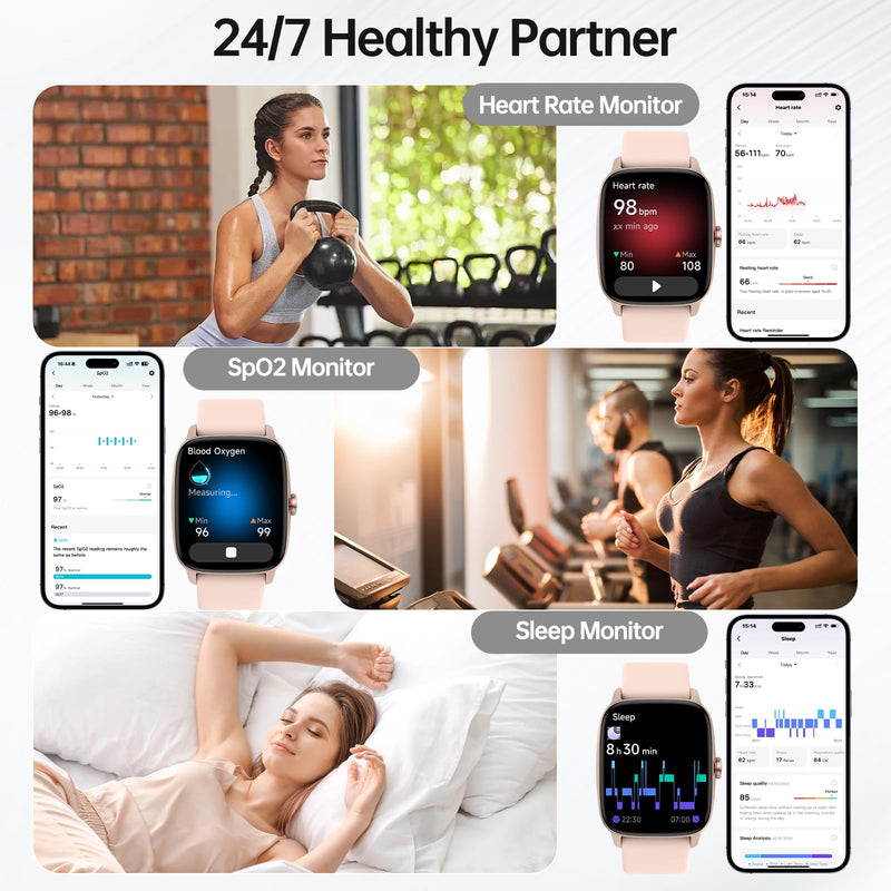 Smart Watches for Women Men with Bluetooth Call & AI Voice, 1.85" HD Fitness Tracker with Heart Rate SpO2 Sleep Monitor, 100+ Sports Modes,Mini Games, IP68 Waterproof Smartwatch for Android iOS Phones Light Pink