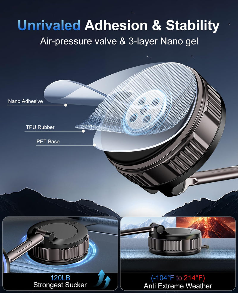 iPhone Magsafe Car Mount Charger 15W Fast Wireless Charging for Your car | [120+ LB Strongest Suction & 2800gf Strongest Magnetic] 360° Adjustable Car Phone Holders,for iPhone 17 16 15 14 13 12 series Black