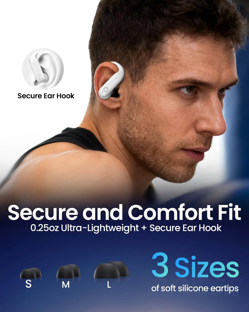 Wireless Earbuds Bluetooth 6.0 with ANC Touchscreen 40H Bass, Purewhite | Noise Cancelling Ear Buds with Ear Hooks for iOS, Android, Sports, Workout, Lightweight Over-ear Headphones Stereo Sound