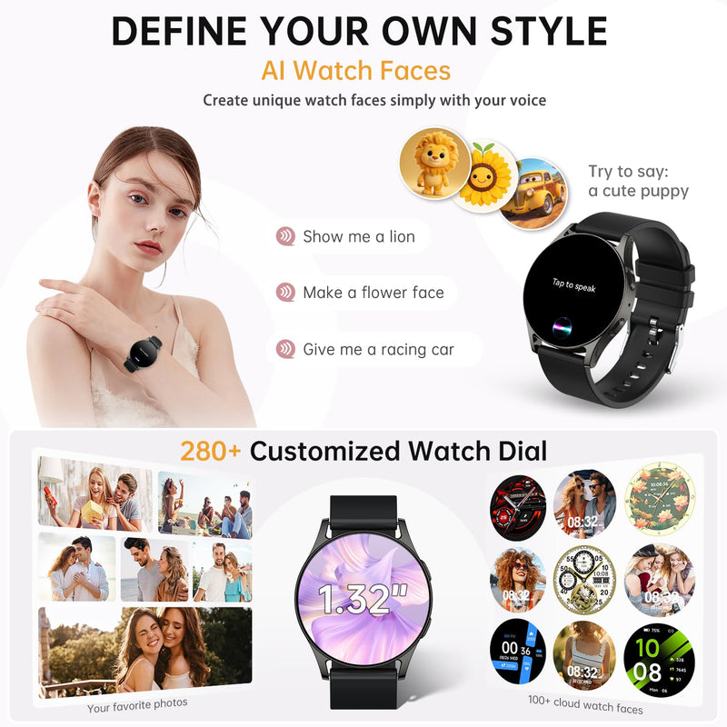AI Smart Watch for Women Men with GPT, 1.32" AMOLED Fitness Tracker with Heart Rate/Sleep/SpO2 Monitor, Waterproof Smartwatch for Android/iPhone Phones (Black) Black