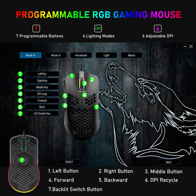 Lightweight Gaming Mouse,26 Kinds RGB Backlit Mice,PixArt 3325 12000 DPI Mouse,Ultralight Honeycomb Shell Ultraweave Cable Mouse and Anti-Key Can Be Set for PC Gamers and Xbox and PS4 Users(Black) Black RGB