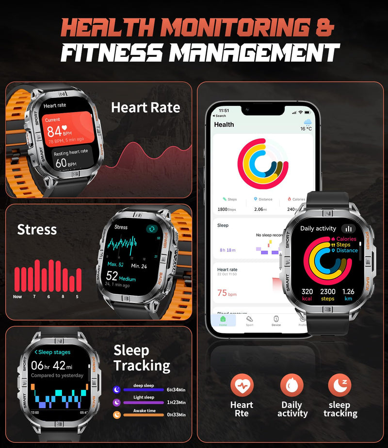 Military Smart Watches for Men,Built-in GPS/LED Flashlight/Compass/600mAh Battery,2.13" AMOLED Outdoor Sports Smartwatch with 170+ Sport Modes,5ATM Waterproof Fitness Tracker for iOS Android,Silicon