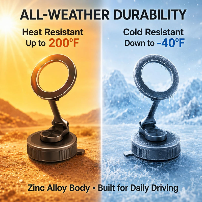 Suction Phone Mount for Car, Twist-Lock, Fold-Flat for MagSafe | Up to 98 lb suction, 2400gf N52 magnetic hold, zinc alloy body, 360° adjustable, folds to 0.75 in, magnetic ring included
