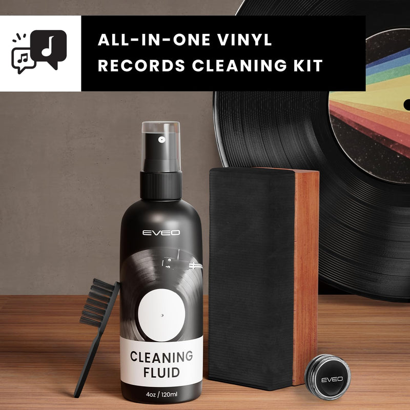 EVEO Vinyl Record Cleaning Kit - 4in1 Vinyl Record Cleaner Kit for Vinyl Records Albums. Vinyl Cleaner Includes XL Record Brush, Cleaning Liquid (4oz), Duster & Stylus Cleaning Gel - Archival Standard