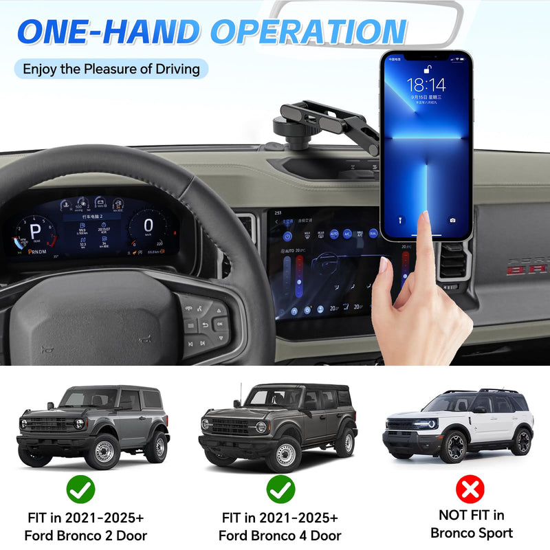 Magnetic Phone Mount for Ford Bronco 2021–2025 (2 & 4 Door), Dash Phone Holder Compatible with MagSafe iPhone 12–17 Series, 360° Adjustable, Easy Installation