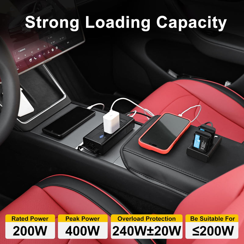 200W Car Power Inverter DC 12V to 110V AC Outlet fit for Tesla/Car/Truck | for 12V/16V, Dual AC Outlet Adapter 30W USB-C &18W USB Fast Car Converter with LED Display for Road Trip Travel Camping Gift