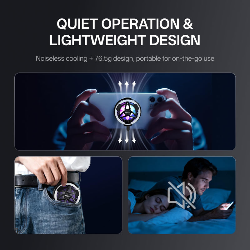 Rapoo MC05 Phone Cooler for Gaming and Streaming, Semiconductor Cooling Technology, Low-Noise, 15W Magsafe Wireless Charger, RGB Cooling Fan with Removable Grip, Compatible with iPhone Magsafe Series