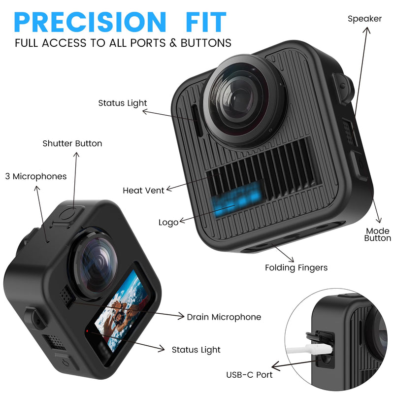 [AUSTRALIA] - Silicone Protective Case for GoPro Max 2 with Open-Vent Design & Protective Accessories Kit - Includes 9H Tempered Glass Screen Protector, Lens Cap, Battery Cover & Adjustable Lanyard (Black) 