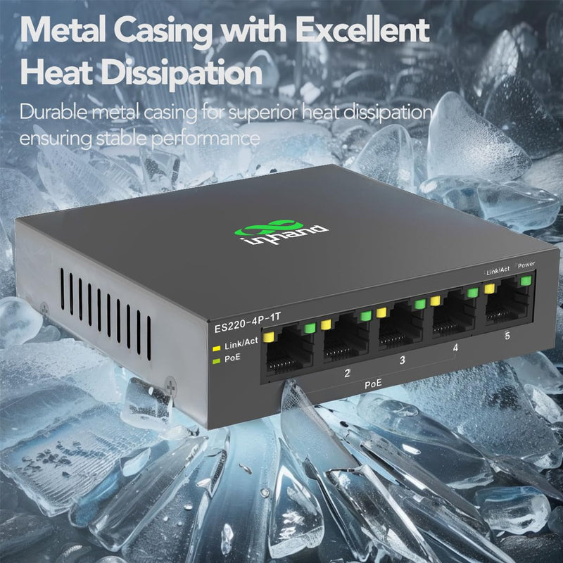 InHand ES220-5T 5-Port Unmanaged Gigabit Switch | Plug and Play Network Extender, Fanless Metal Casing, For Business, Office & Home Network 5-Port Gigabit Ethernet Switch