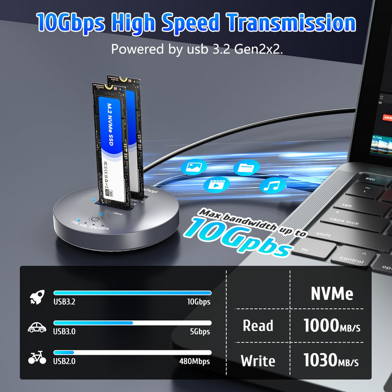 M.2 NVMe SSD Cloner Dock,10Gbps Dual-Bay NVMe to USB Enclosure 16TB | Supports Offline Clone,UASP,USB 3.2 Gen 2,M.2 Docking Station for SSDs Size 2230/2242/2260/2280/22110,Support 2x8TB