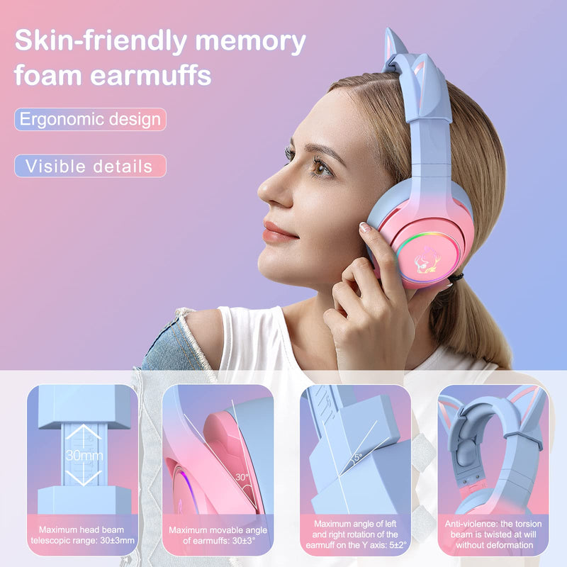 PHNIXGAM Gaming Headset for PS4, PS5, Xbox One(No Adapter), Cat Ear Headphones with Noise Cancelling Microphone, RGB Backlight, Surround Sound for PC, Mobile Phone, Gradient Pink Blue