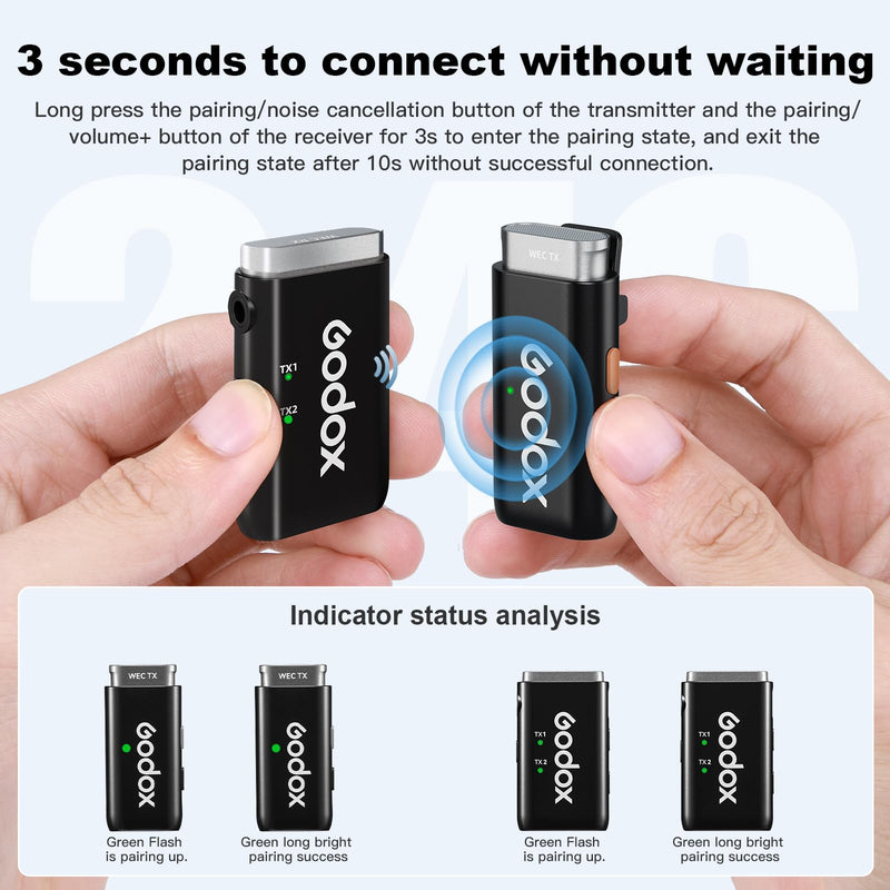 Godox WEC Wireless Lavalier Lapel Mic - 200m Range, 2.4GHz, Noise Cancellation, Compact, for Cameras, Live Streaming, Computer, TikTok Kit-1