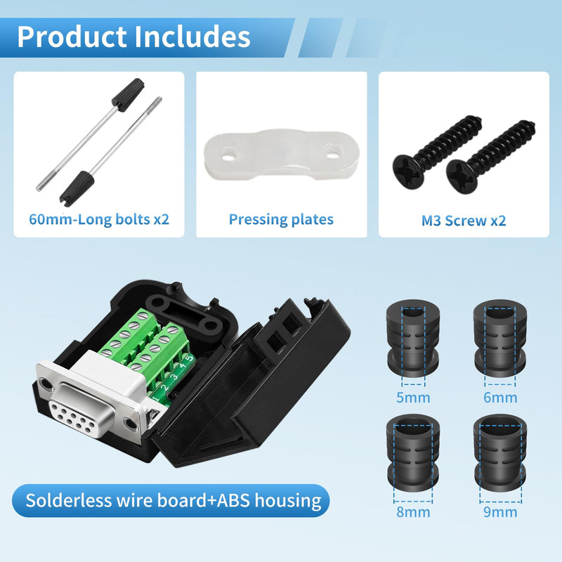 12PCS 9 Pin RS232 Breakout Board Kit 9 Pin Female Breakout Connector RS 232 | RS232 BreakOut Board With Case Solderless RS232 D-SUB Connector D-SUB to 9-pin Port Adapter with Nuts Screws Bolts Tail Pipe