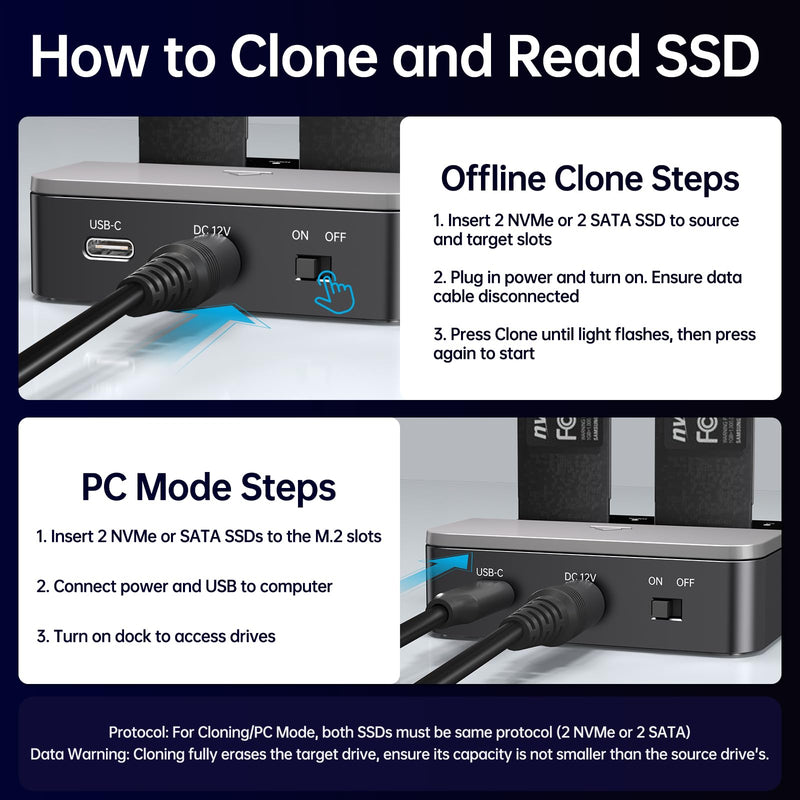 SSK NVMe & SATA SSD Cloner M.2 Duplicator Dual Bay Dock SSD to USB Adapter | For NVMe & SATA SSD, M Key/B+M Key, 10Gbps USB3.2 Gen 2, Offline Clone Duplicator, PCIe 3/4/5, Tool-Free, UASP Trim