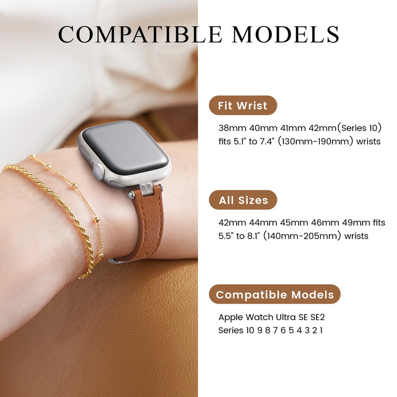 STIROLL 2 Pack Thin Leather Band Compatible with Apple Watch Bands 41mm 40mm 38mm 42mm Women, Dressy Top-Grain Genuine Leather Strap Slim Wristband for iWatch SE Series 10 9 8 7 6 5 4 3 2 1
