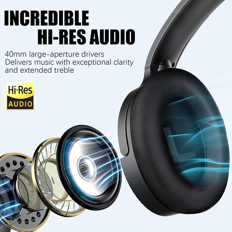 Active Noise Cancelling Headphones, 100H Playtime Headphones Wireless Bluetooth, Bluetooth Headphones with Microphone, Over- Ear Wireless Headphones with Deep Bass for Travel (Pure black) Pure black