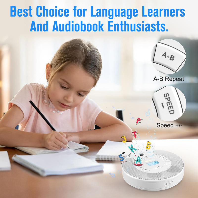 CD Player Portable, Rechargeable Dual Speakers Walkman, Bluetooth CD Player with Backlight LCD Display, support AUX/USB mode, Suitable for car,home,AUX Cable