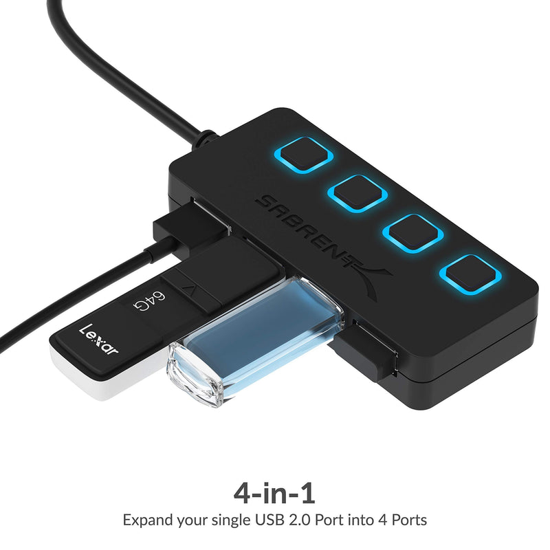 SABRENT 4-Port USB 2.0 Hub with Individual LED lit Power Switches + [6-Pack] 22AWG Premium Micro USB Cables (X3-3ft + X3-1ft) High Speed USB 2.0 A Male to Micro B Sync and Charge Cables