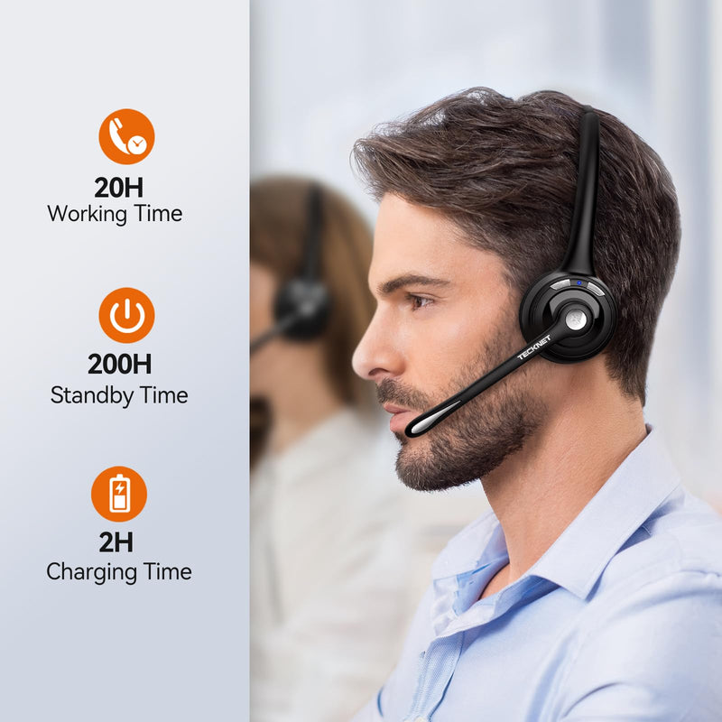 [AUSTRALIA] - TECKNET Wireless Headset, Bluetooth Headphones with Noise Cancelling Microphone for Trucker, Hand Free Wireless Headset with Mute Mic Luxury configuration 