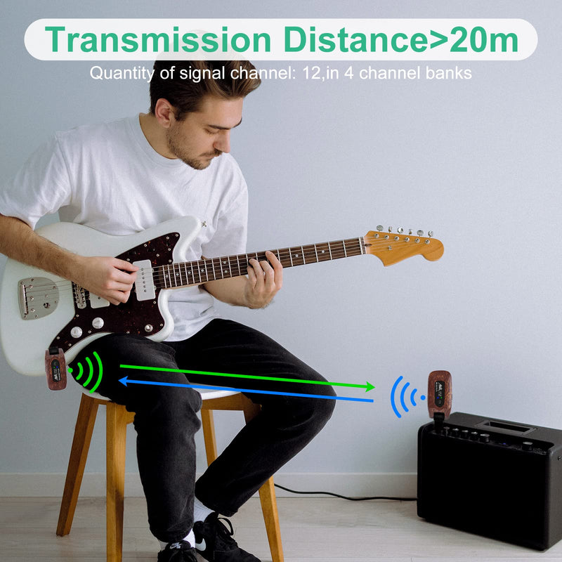 AKLOT Wireless Guitar System Transmitter Receiver Set 2.4GHz Built-in Rechargeable Lithium Battery Digital for Electric Guitar Bass Dark Brown