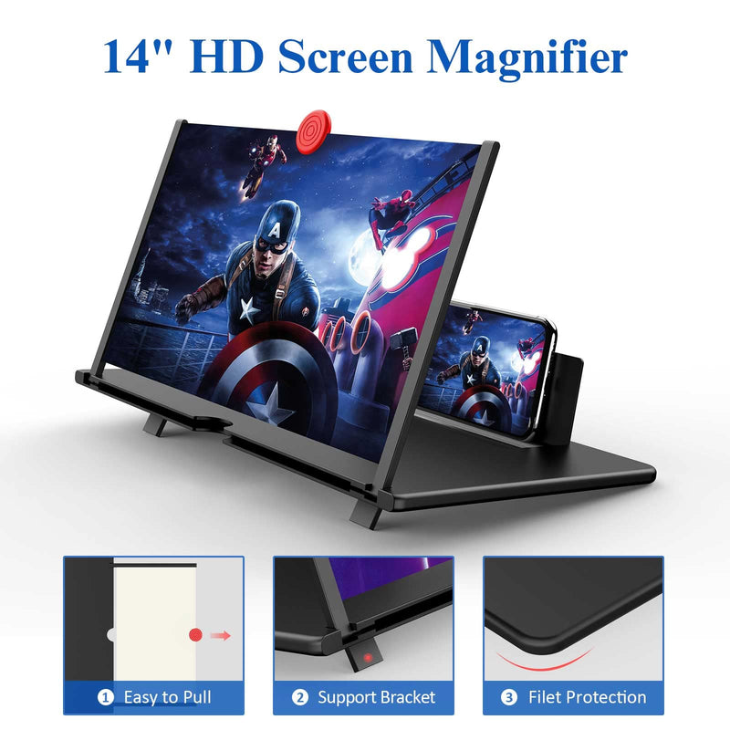 [AUSTRALIA] - 14" Screen Magnifier –3D HD Mobile Phone Magnifier Projector Screen Enlarger for Movies, Videos, and Gaming–Foldable Cell Phone Stand with Screen Amplifier–Supports All Smartphones (Black, 14inch) Black 