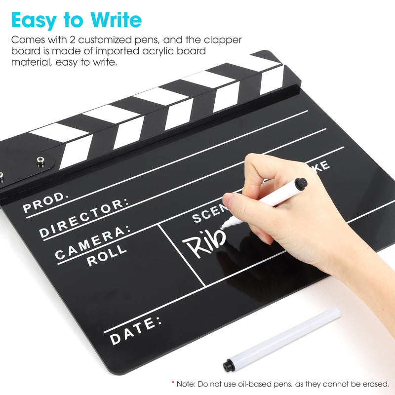 Directors Clapboard for Film, Hollywood Slate Move Photography Video TV Cut Action Scene Acrylic Clapper Board with a Magnetic Blackboard Eraser, Two Custom Pens, Cleaning Cloth and Hex Wrench