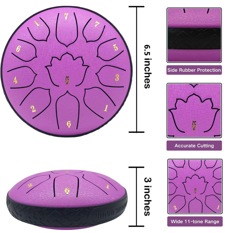 Rain Drum for Outside & Garden – 6.5-Inch Steel Tongue Drum, 11 Notes with Soft Bag, Music Book, and Mallets – Ideal for Meditation, Yoga, Relaxation, Sound Therapy, Musical Education – by VESYMAN 6.5 Inch 11 Notes Lavender Purple
