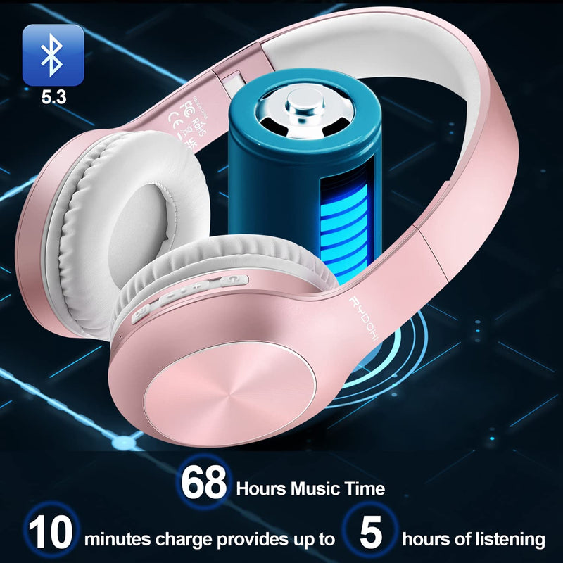 Bluetooth Headphones Over Ear, 68H Playtime and 3 EQ Music Modes Wireless Headphones with Microphone/Deep Bass, HiFi Stereo Foldable Lightweight Headset for PC Home Travel Office (Rose Gold) Rose