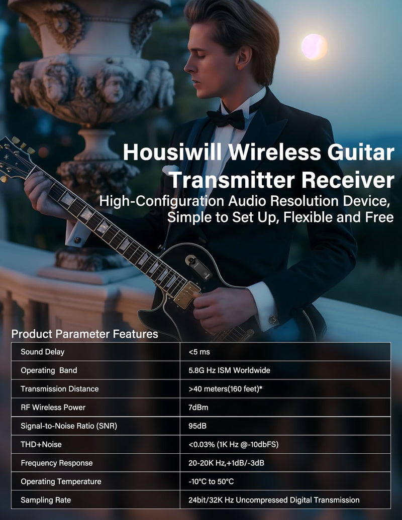 Housiwill 5.8GHz Wireless Guitar System, Rechargeable Wireless Guitar Transmitter Receiver Guitar Accessories Audio Wireless Transmitter Receiver for Electric Guitar Bass black