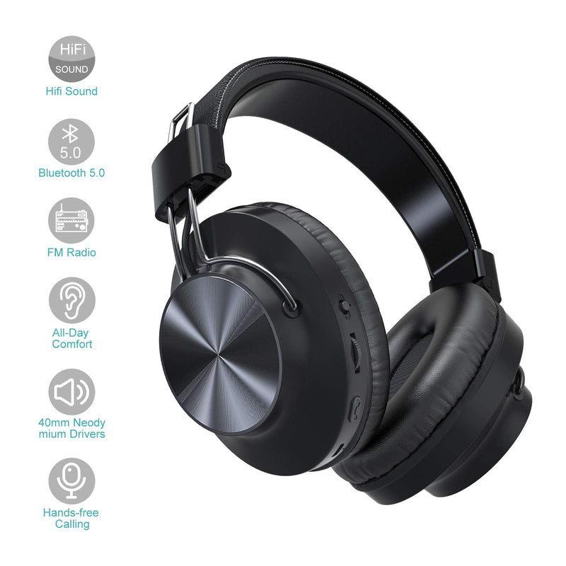 Bluetooth 5.0 Over- Ear Wireless Headphones 30 Hours Battery, FM Radio, MP3 Player, Micro SD/TF with 40mm Deep Bass Drivers, Premium Microphone Built-in Headset, Foldable, Comfortable, Mowing