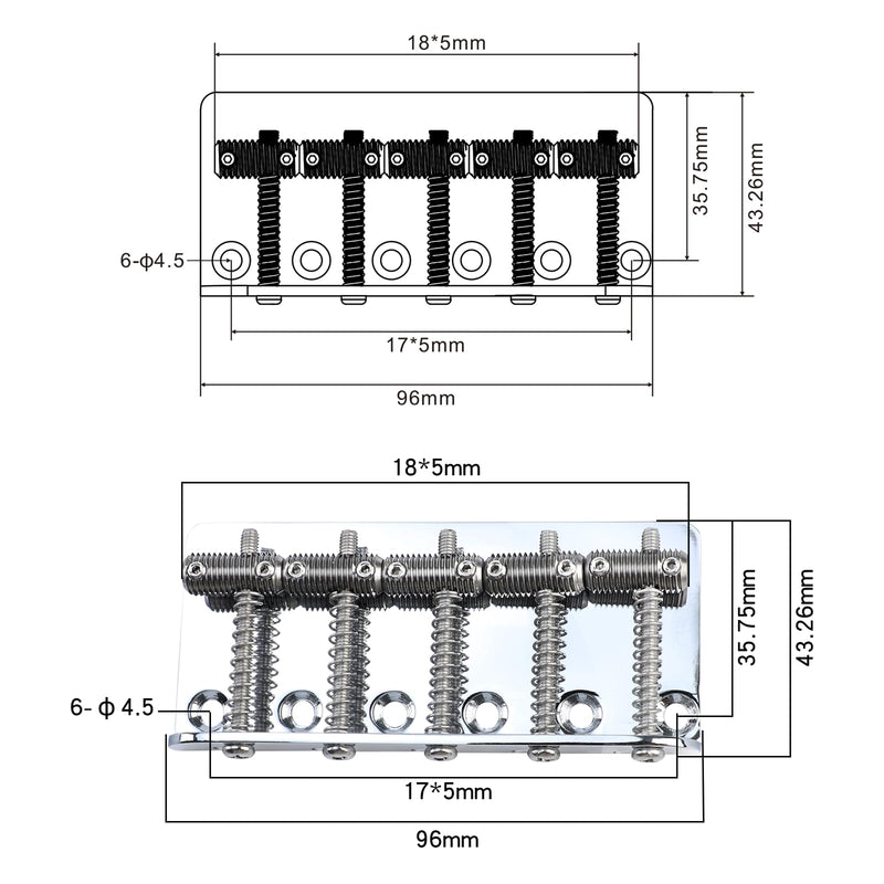 [AUSTRALIA] - Electric Bass Guitar Bridge with Stainless Steel Threaded Saddles Plate 5 String Fixed Bridge Compatible with Vintage style Fender Jazz Precision Bass Bridge Replacement Parts Chrome 5 Piece 
