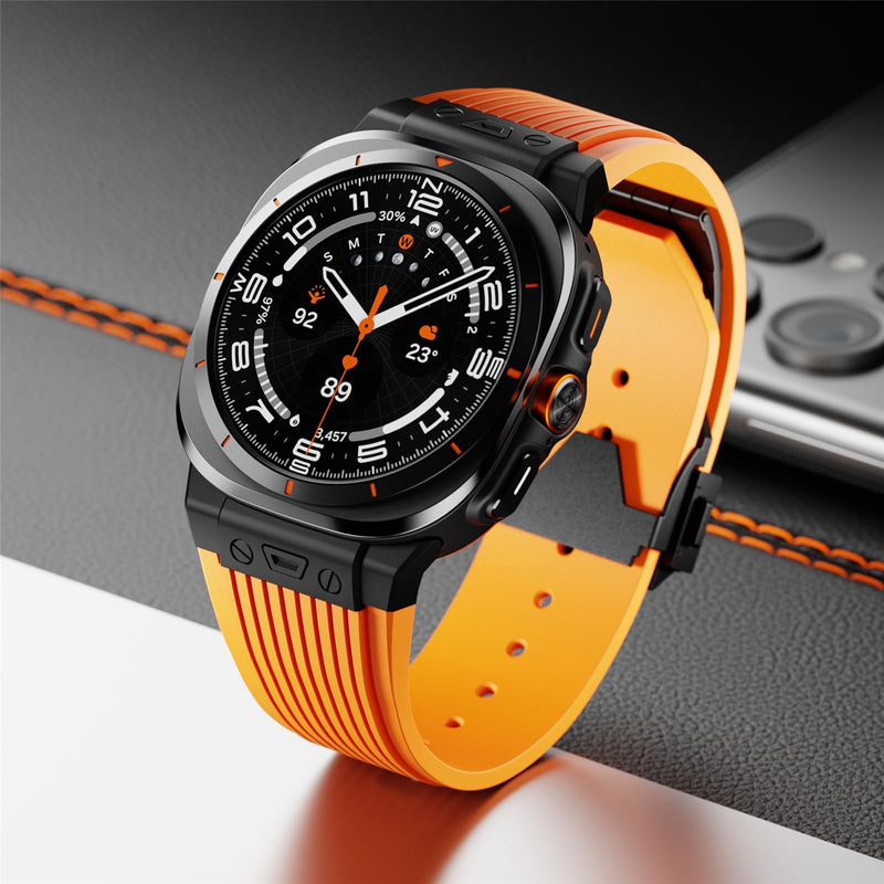 Silicone Bands for Samsung Galaxy Watch Ultra 47mm Band, Rugged Luxury Sport Strap for Men, with Metal Connectors & Foldable Buckle & Pin Buckle (Starlight Orange)