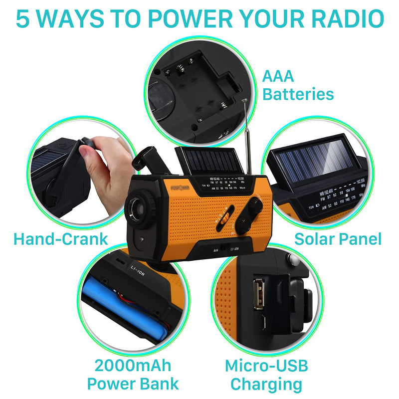 FosPower 2000mAh NOAA Emergency Weather Radio (Model A1) Portable Power Bank with Solar Charging, Hand Crank & Battery Operated, SOS Alarm, AM/FM & LED Flashlight for Outdoor Emergency