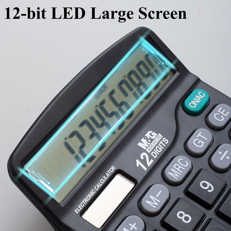 M&G Desk Calculator 12 Digit Office Calculators with Large LCD Display, Dual Solar Power and Battery, Recessed Big Button Calculator for Office Home School (Black) Basic