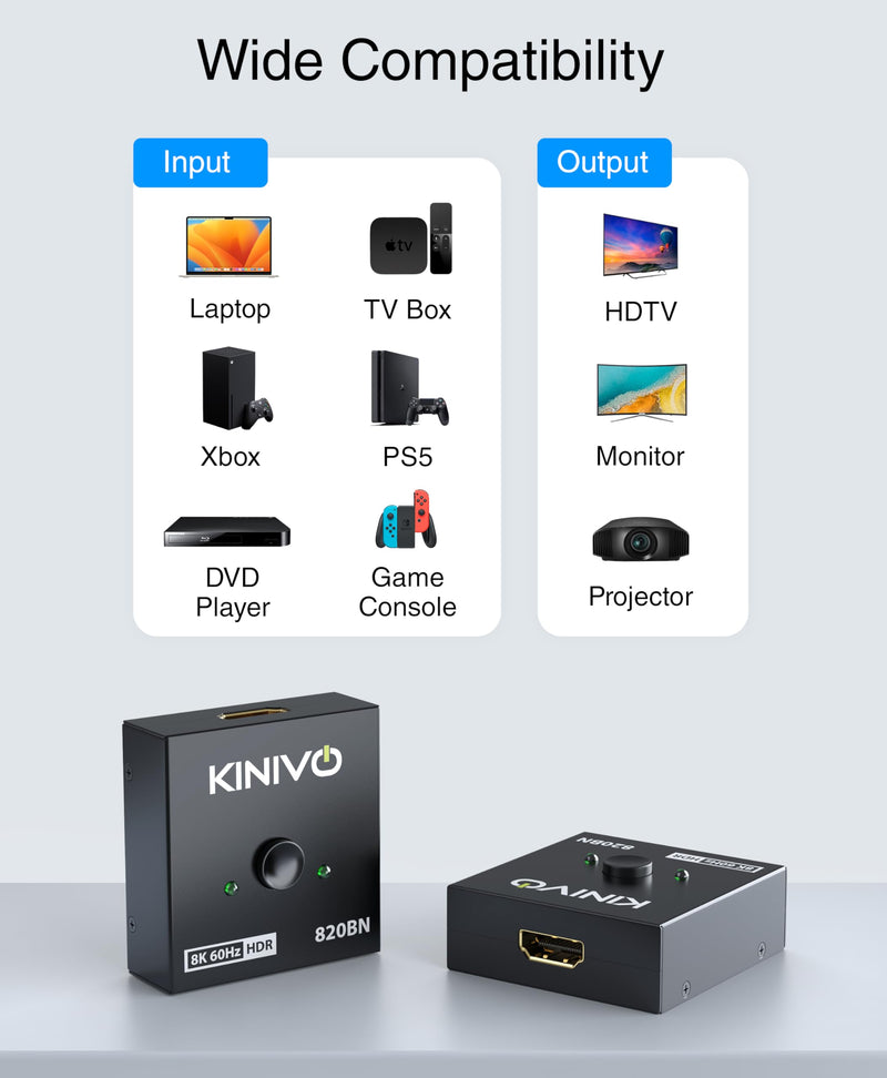 [AUSTRALIA] - Kinivo 8K HDMI Switch 2 in 1 Out - (Uni-Directional, 8K 60Hz, Ultra HD Switcher Hub, 48Gbps HDMI Hub, HDR10+ Selector, Manual Switching Only) - Compatible with HDTV, PS5/4, Xbox, Projector 8K - 2 Port 